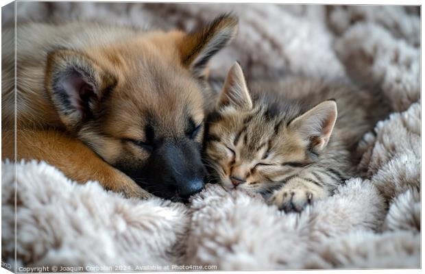 Adorable pets, puppy and kitten, sleep in good com Canvas Print by Joaquin Corbalan