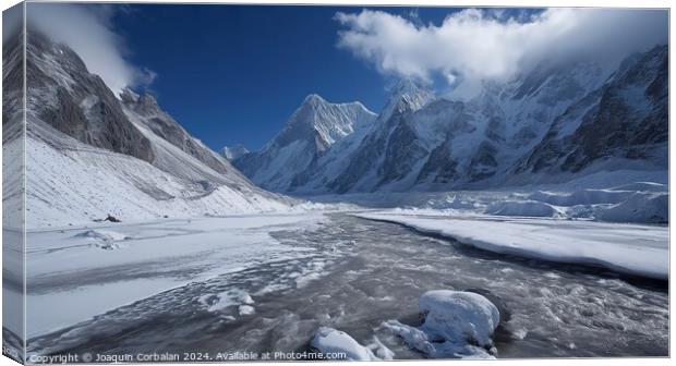 Nepalese glacier in spring, melting snow between high snowy mountains. Canvas Print by Joaquin Corbalan