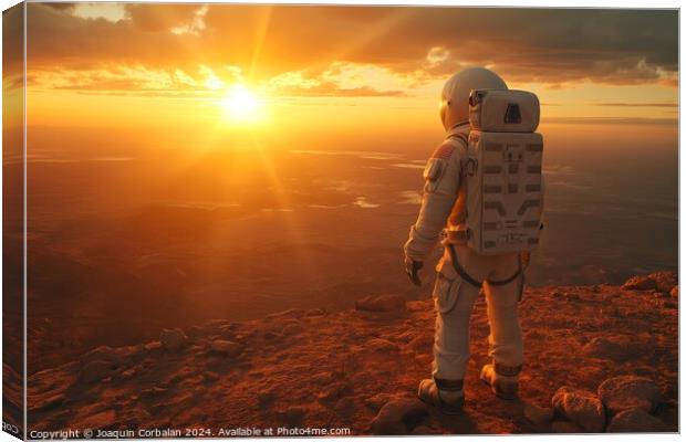 An intrepid astronaut stands triumphantly atop a m Canvas Print by Joaquin Corbalan