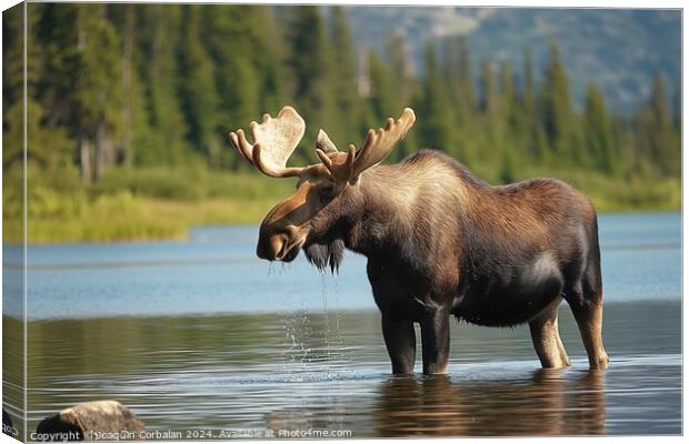 A moose is captured in this photo standing in the  Canvas Print by Joaquin Corbalan