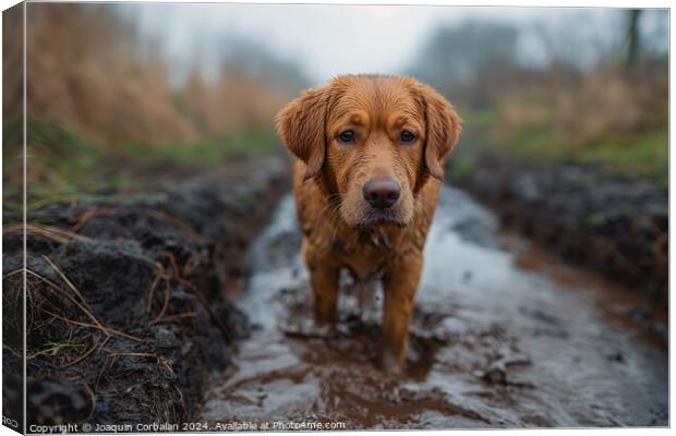 A brown dog standing on top of a muddy road, looki Canvas Print by Joaquin Corbalan