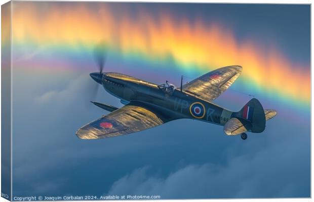 A spitfire plane soars through the sky as a vibran Canvas Print by Joaquin Corbalan