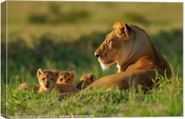 A mother lion and her cubs relax in the grass, bas Canvas Print by Joaquin Corbalan