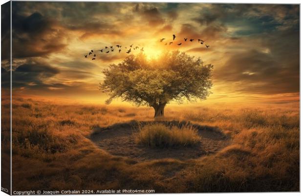 A tree standing in a field with birds flying over  Canvas Print by Joaquin Corbalan