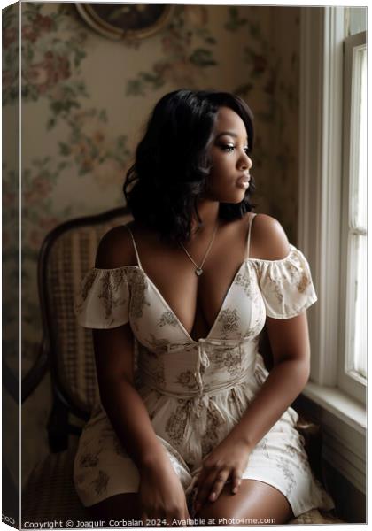 A black woman is seated on a chair, positioned in front of a window. Canvas Print by Joaquin Corbalan