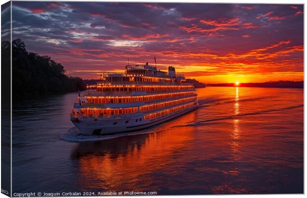 A sizeable cruise ship gracefully sails across a vast body of water, showcasing the magnificent vessel and its movement. Canvas Print by Joaquin Corbalan