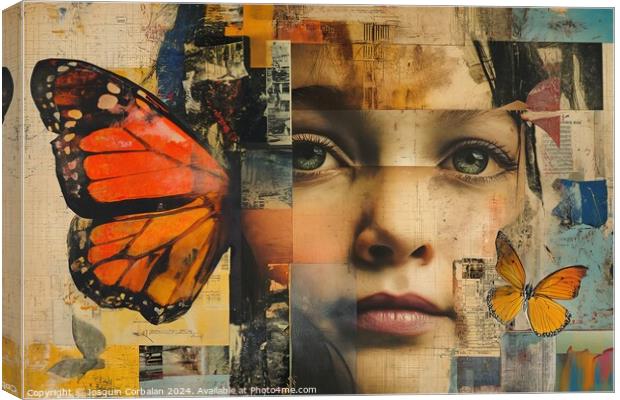 A stunning collage of a woman adorned with vibrant butterfly on her head, creating a harmonious fusion of human and natural beauty. Canvas Print by Joaquin Corbalan