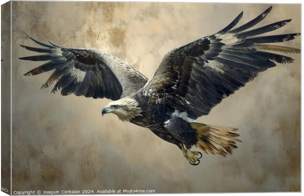 A detailed painting capturing the powerful flight of a golden eagle against a dark gray backdrop. Canvas Print by Joaquin Corbalan