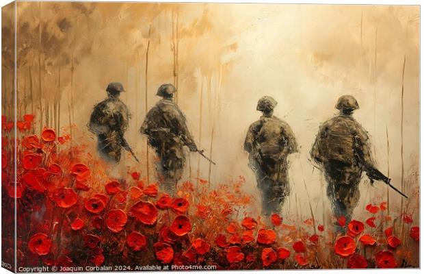 A painting depicting soldiers in a field of poppies, symbolizing patriotism and the memory of international military efforts. Canvas Print by Joaquin Corbalan