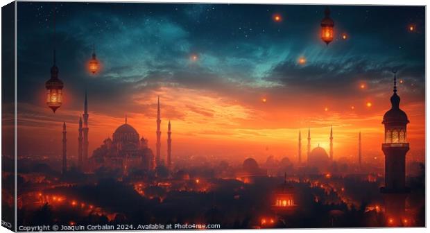 Drawing with the silhouette of an Arab city, at dusk, banner to celebrate Ramadan. Canvas Print by Joaquin Corbalan
