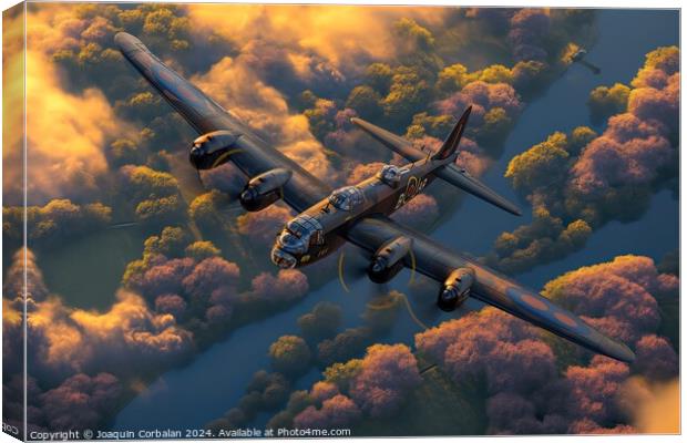 A painting depicting the Lancaster and Spitfires from the Royal Air Force flying in the sky. Canvas Print by Joaquin Corbalan
