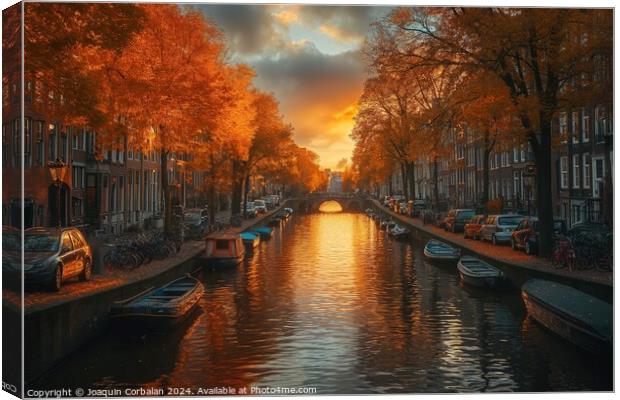 Boats of various sizes peacefully sail down a canal in Amsterdam, creating a vibrant scene filled with movement and activity. Canvas Print by Joaquin Corbalan