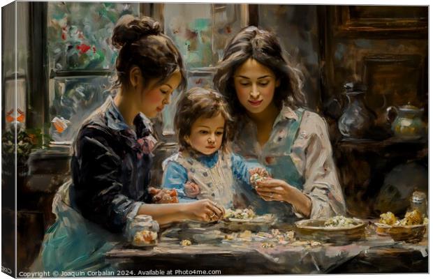 A painting depicting two women and a child engaged in an activity at a table. Canvas Print by Joaquin Corbalan