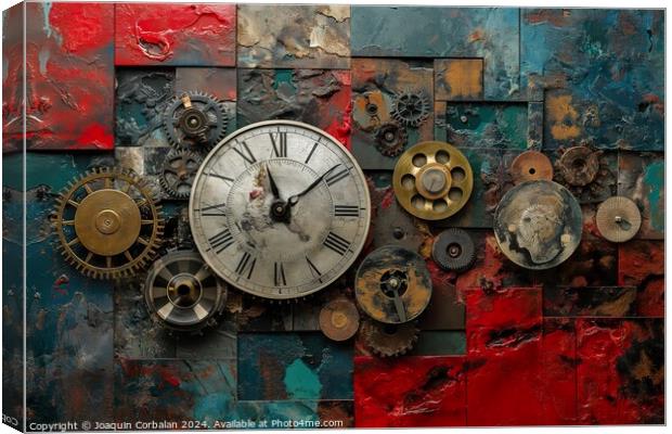 A close-up photo capturing the intricate details and composition of a clock mounted on the side of a wall. Canvas Print by Joaquin Corbalan