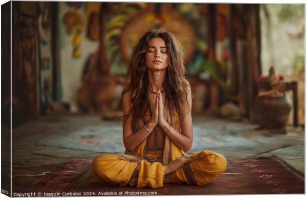 A photograph capturing a woman dressed in a yellow outfit, deep in meditation, inside a room with serene ambiance. Canvas Print by Joaquin Corbalan