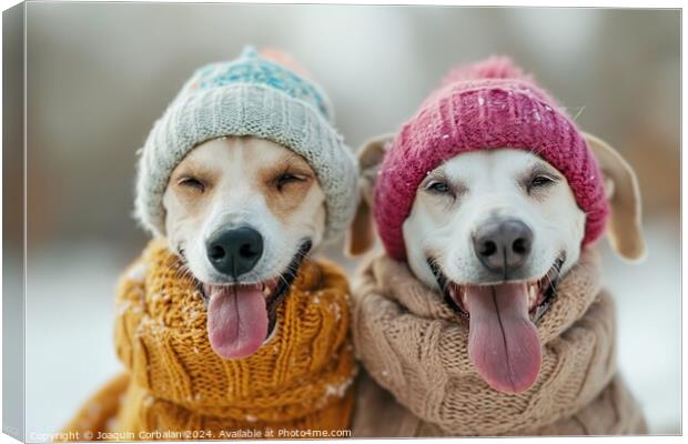 Two greyhound dogs, wearing knitted hats and scarves, enjoying the snow. Canvas Print by Joaquin Corbalan