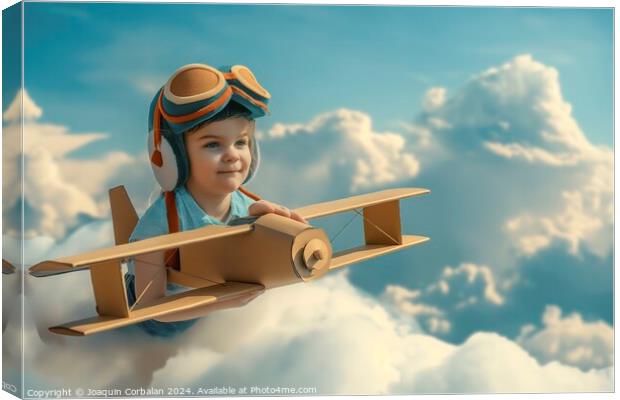 A small boy soars through the sky in a paper airplane. Canvas Print by Joaquin Corbalan