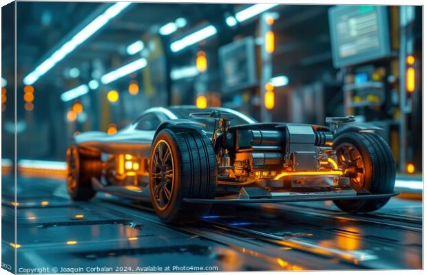 A sleek, modern electric sports car is showcased moving along a conveyor belt. Canvas Print by Joaquin Corbalan