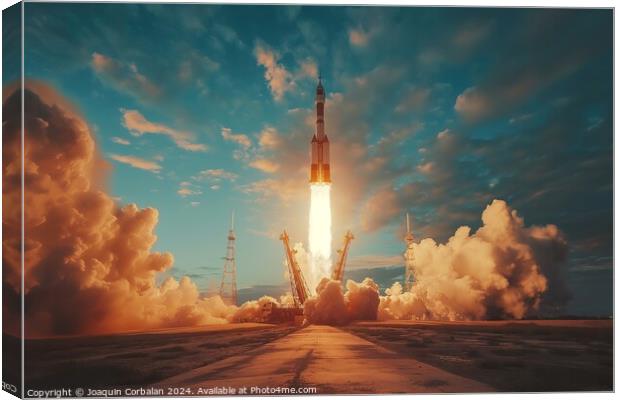 Rocket ascending into the sky from launch pad with flames and smoke trailing behind. Canvas Print by Joaquin Corbalan