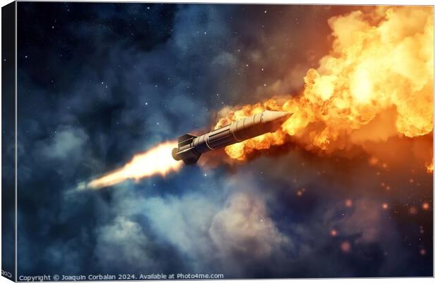A private space shuttle flies through the sky, engulfed in flames and smoke. Canvas Print by Joaquin Corbalan