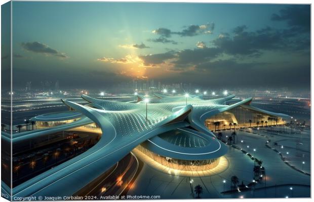 An artistic portrayal of a futuristic airport illuminated at night with sleek architecture and futuristic lighting. Canvas Print by Joaquin Corbalan