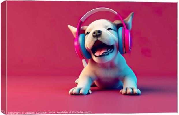 Illustration of a white puppy happily wearing colorful headphones on its ears. Canvas Print by Joaquin Corbalan