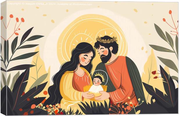 A painting depicting a man and woman tenderly holding a baby in a Christmas nativity scene. Canvas Print by Joaquin Corbalan