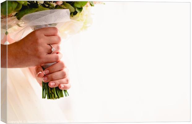 A woman's hand with wedding ring while holding her bouquet, plenty of white copy space. Canvas Print by Joaquin Corbalan