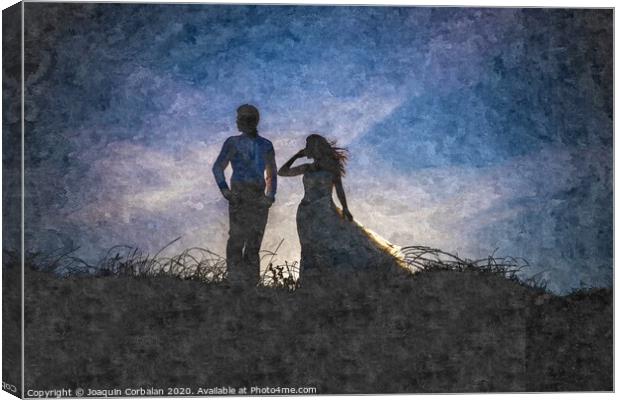 Newlywed couple after their wedding at sunset, digital art oil painting from a photograph. Canvas Print by Joaquin Corbalan
