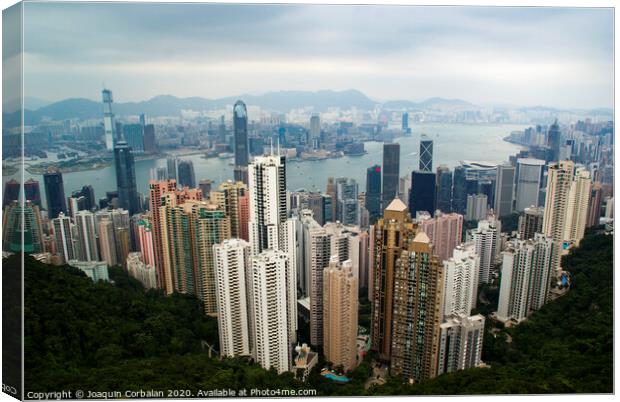 Vew of the skyscrapers and the Hong Kong Bay from above. Canvas Print by Joaquin Corbalan