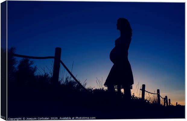 Silhouette of pregnant woman at sunset with solid color background. Canvas Print by Joaquin Corbalan