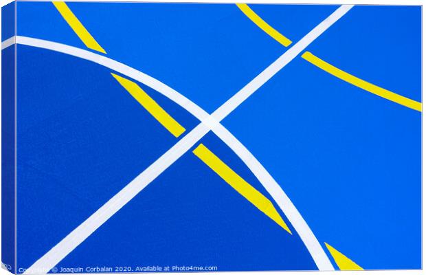 Design of a sports field, with blue background and red and yellow white lines creating strange straight lines and curves, to use with copy space. Canvas Print by Joaquin Corbalan