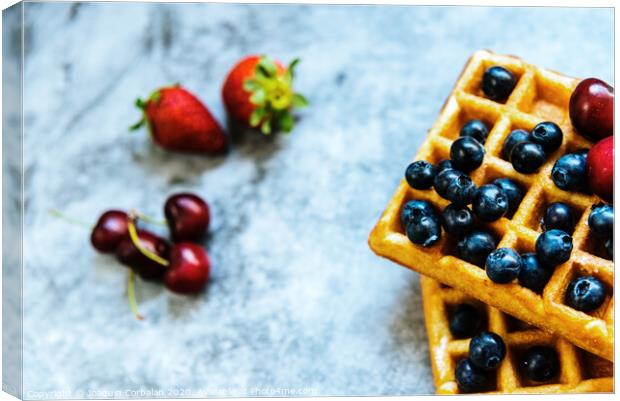 Close-up of a waffle with blueberries and strawberries with delicious aspect, isolated on abstract background with copy space for text. Canvas Print by Joaquin Corbalan