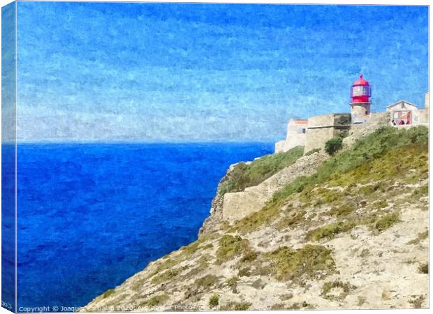 Lighthouse on top of a cliff overlooking the blue ocean on a sunny day, painted in oil on canvas. Canvas Print by Joaquin Corbalan