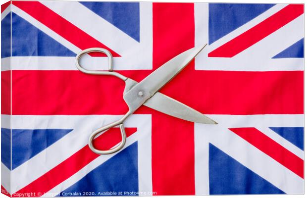 A woman cuts with scissors the British flag in protest. Canvas Print by Joaquin Corbalan