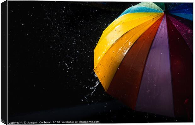 Rain on a warm-toned umbrella lit by the sun, isolated on black background with copy space. Canvas Print by Joaquin Corbalan