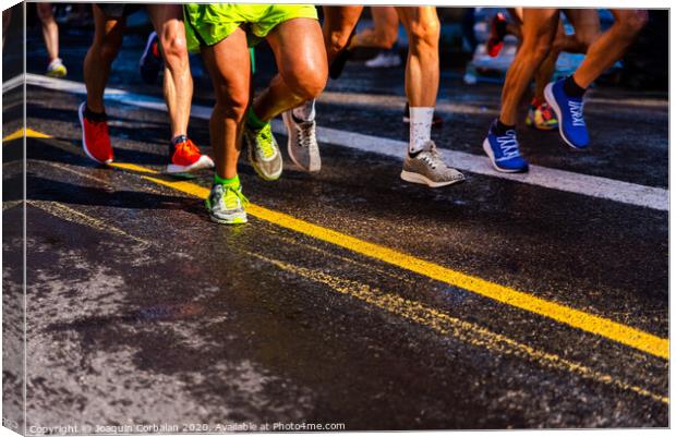 Muscled legs of a group of several runners training running on asphalt Canvas Print by Joaquin Corbalan