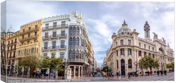 Facades of the buildings of the Plaza del Ayuntamiento de Valencia, on a Sunday, with streets cut to traffic. Canvas Print by Joaquin Corbalan