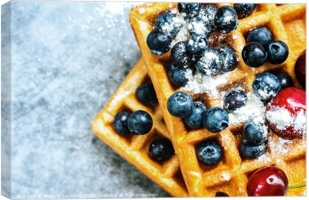 Close-up of a waffle with blueberries for breakfast during a vacation at a vegetarian restaurant. Canvas Print by Joaquin Corbalan