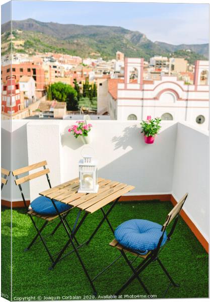 White terrace for coffee overlooking the village and Mexican mountain, blue sky. Canvas Print by Joaquin Corbalan