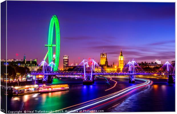 London City At Night Bright Neon Colours  Canvas Print by Neal Trafankowski