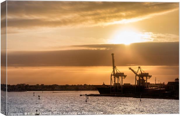 Ships and cranes silhouettes at the Melbourne Port Canvas Print by RUBEN RAMOS