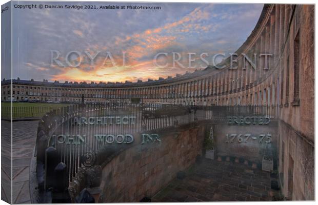 Royal Crescent Bath at sunset blend with street sign Canvas Print by Duncan Savidge