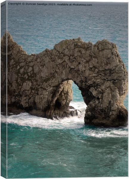 Durdle Door Stack portrait  Canvas Print by Duncan Savidge