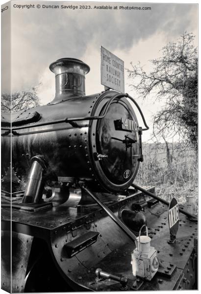 Large Prairie 4110 in black and white at Mendip Vale East Somerset Railway  Canvas Print by Duncan Savidge