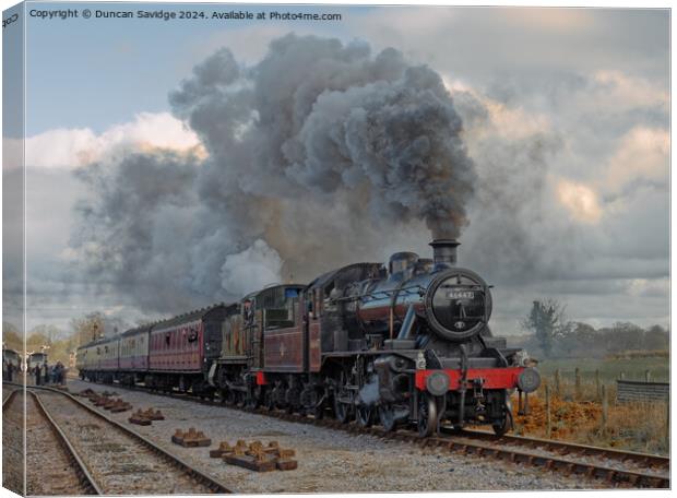 4110 and Ex LMS Ivatt 2MT Class 2-6-0, No.46447 steam trains go back to back Canvas Print by Duncan Savidge