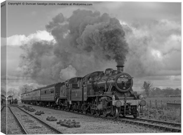 4110 and Ex LMS Ivatt 2MT Class 2-6-0, No.46447 steam trains go back to back in black and white Canvas Print by Duncan Savidge