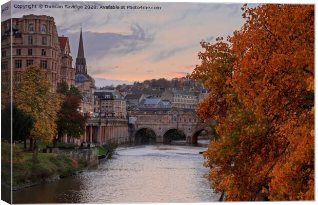 Beautiful Autumn Colours at the end of the day at Pulteney Weir Bath Canvas Print by Duncan Savidge