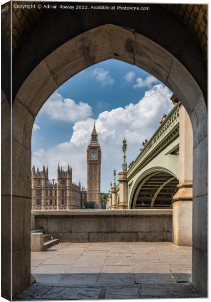 Elizabeth Tower and Westminster Bride from the South Bank of the river Thames. Canvas Print by Adrian Rowley