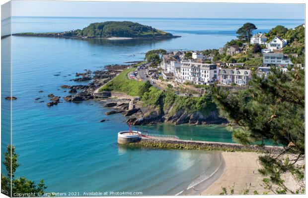 Looe, Looe Island and the Banjo Pier on a sunny morning Canvas Print by Jim Peters